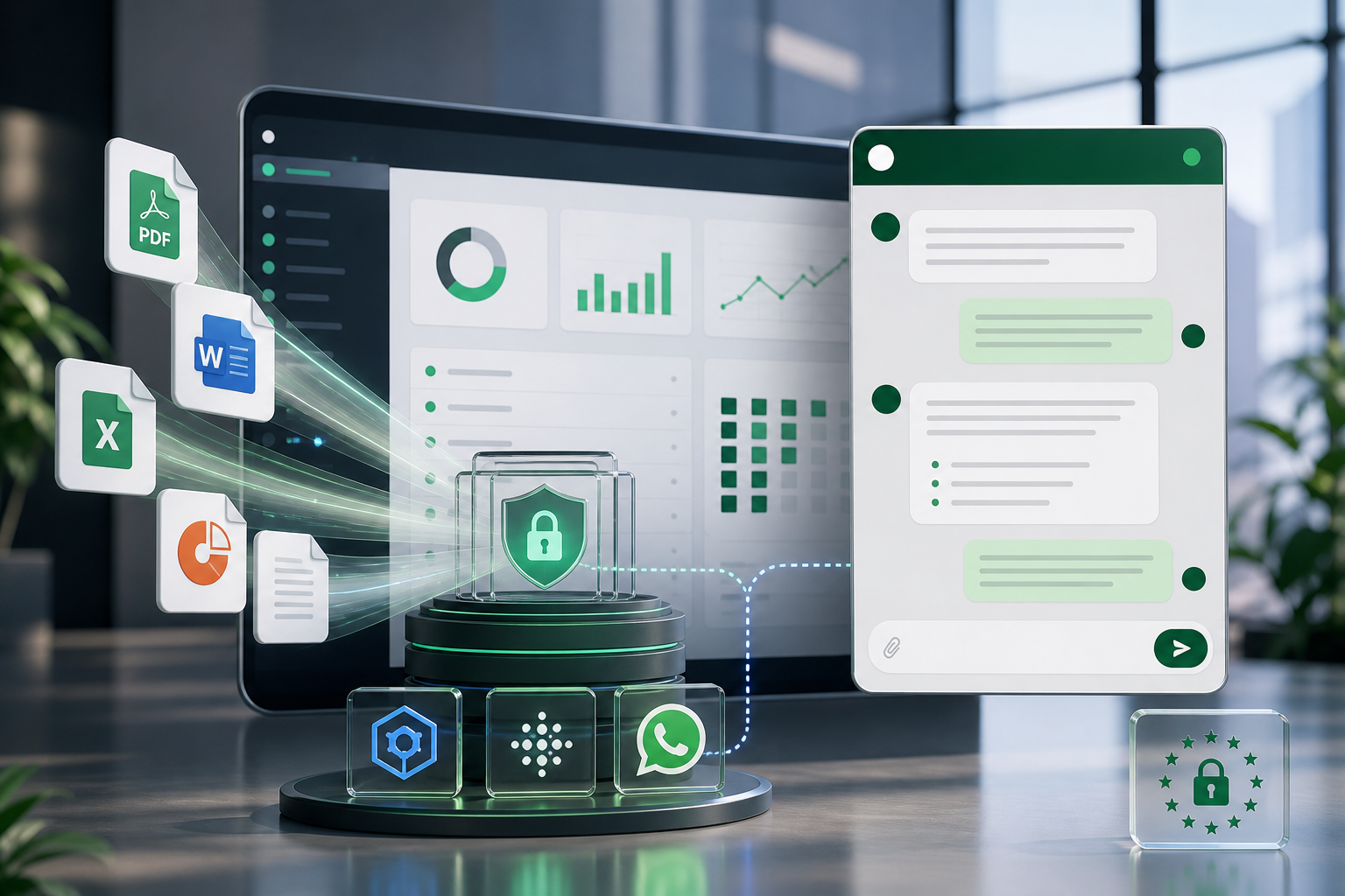 Sistema de chatbot IA conectando documentos, base de conocimiento segura y chat empresarial